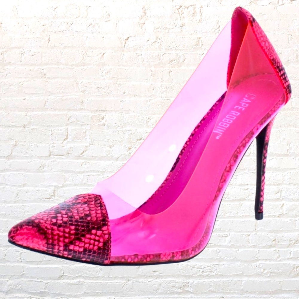 PINK SNAKE PRINT LUCITE CLEAR HEEL PUMPS